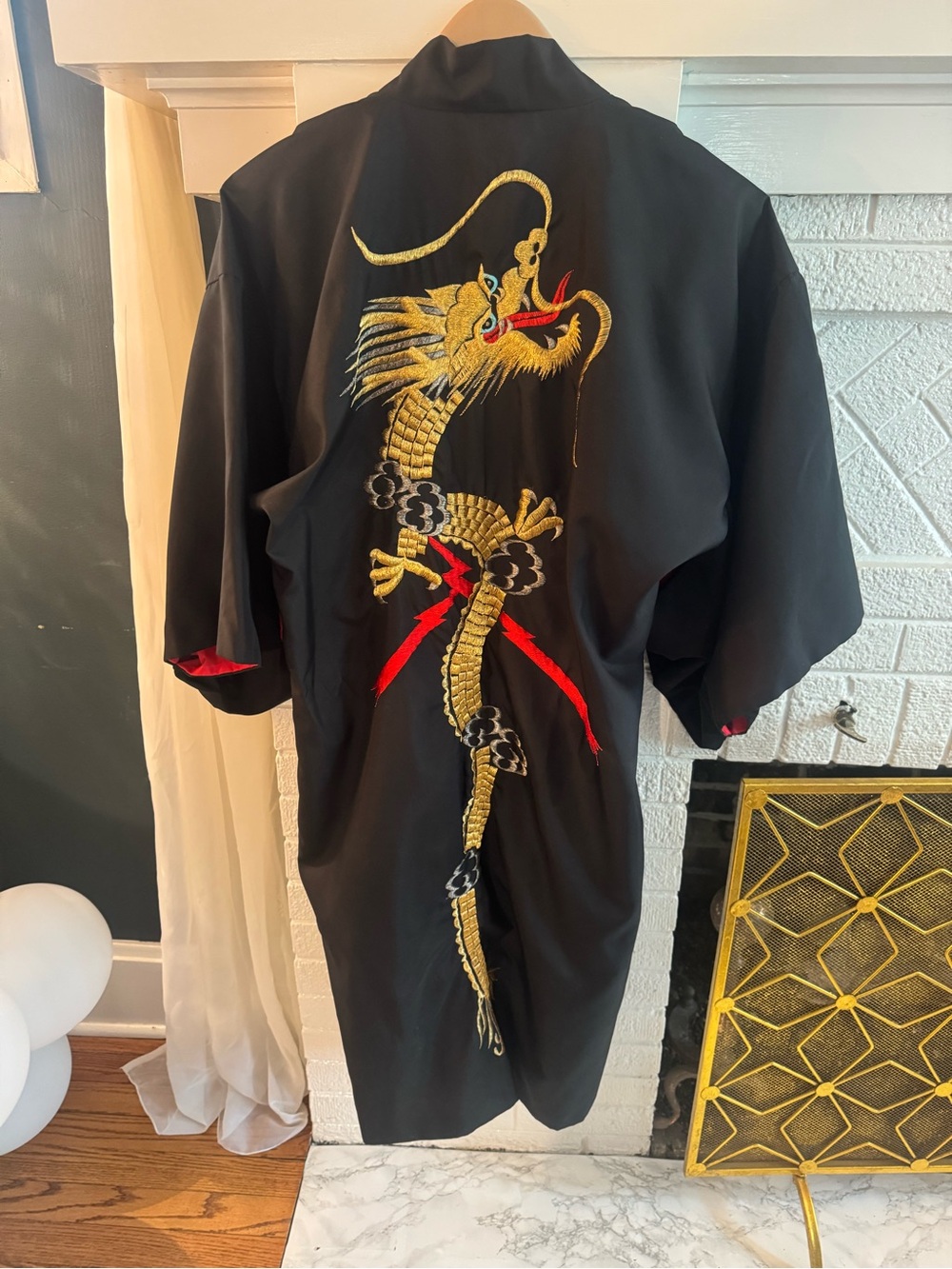 Vintage Japanese Black Embroidered Dragon Kimono Robe with Metallic Accents